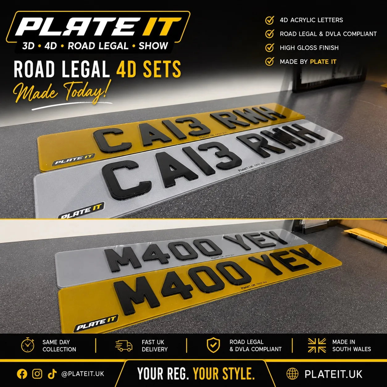 Road legal 4D number plate sets made by PlateIT UK